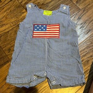 Classic Whimsy American Flag Appliqué Blue Checked Romper 9M